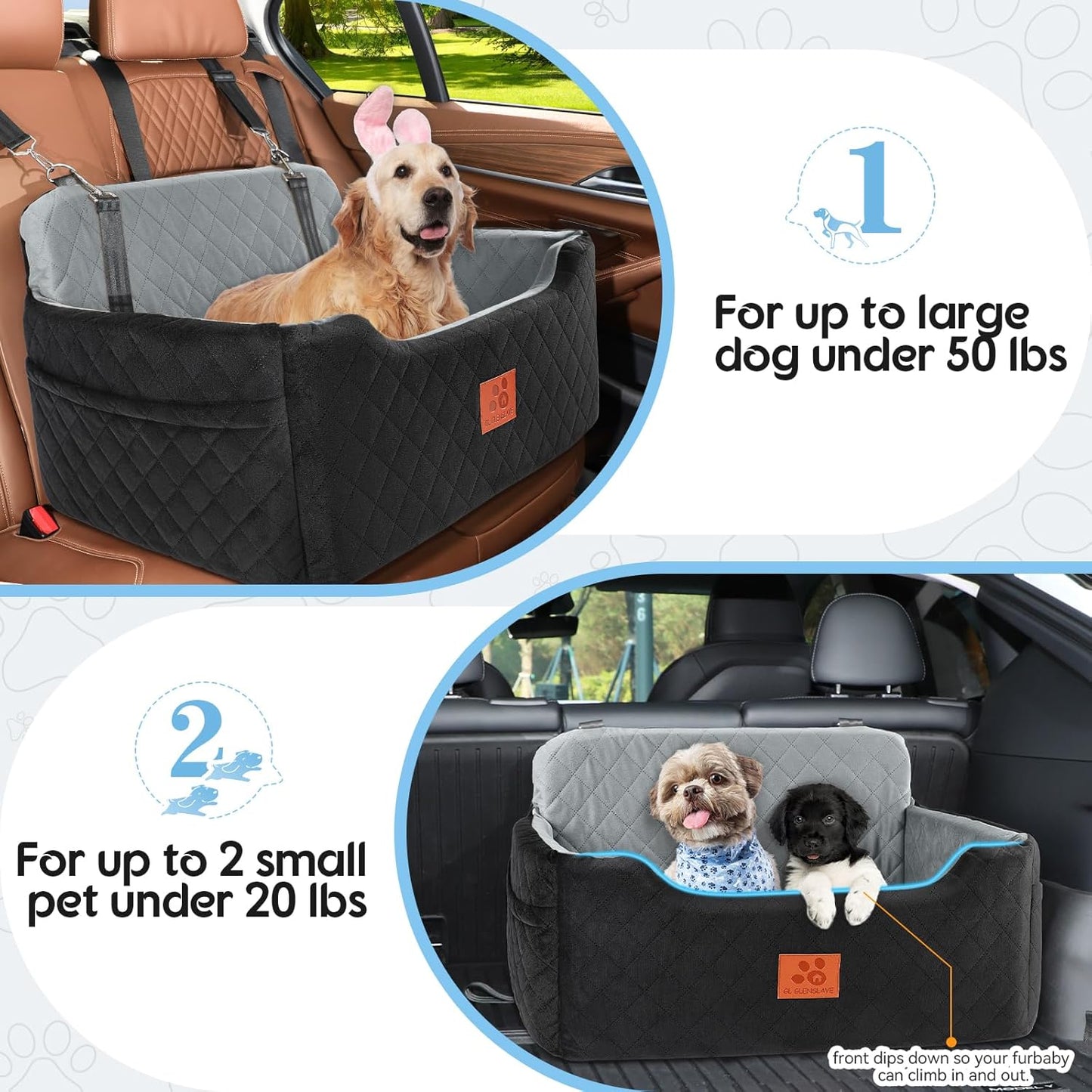 Dog Car Seat for Medium/Large Dogs,Dog Booster Seat for Dog Under 50lbs or 2 Small Dogs, Detachable and Washable Pet Car Seat,Multi-Functional Travel Dog Bed & Dog Sofa(Black/Grey)