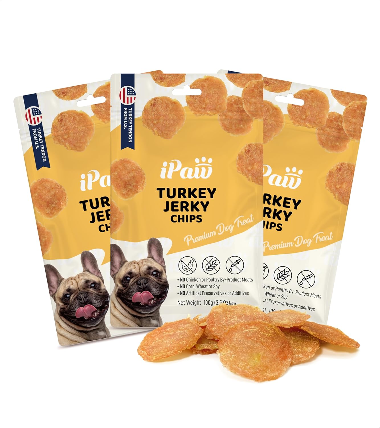 iPaw Turkey Chips Dog Treats for Puppy Training, All Natural Human Grade Dog Treat, Ingredient Sourced from USA, Hypoallergenic, Easy to Digest (Turkey Chips), 3 Packs