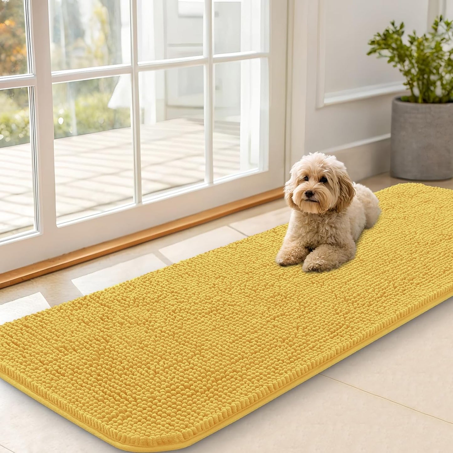 OLANLY Dog Door Mat for Muddy Paws 59x20, Absorbs Moisture and Dirt, Absorbent Non-Slip Washable Doormat, Quick Dry Chenille Mud Mat for Dogs, Entry Indoor Entryway Carpet for Inside Floor, Yellow