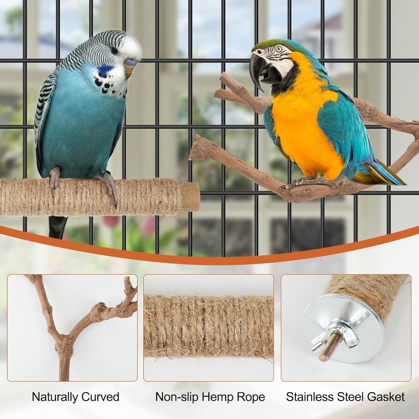 Bird Perch Stand, Pole Standing Natural Wood Bird Perch Set 5PCS Paw Grinding Fork Parrot Cage Branch with Rope for Macaw African Grey Amazon Pet Medium Birds Cage Accessories
