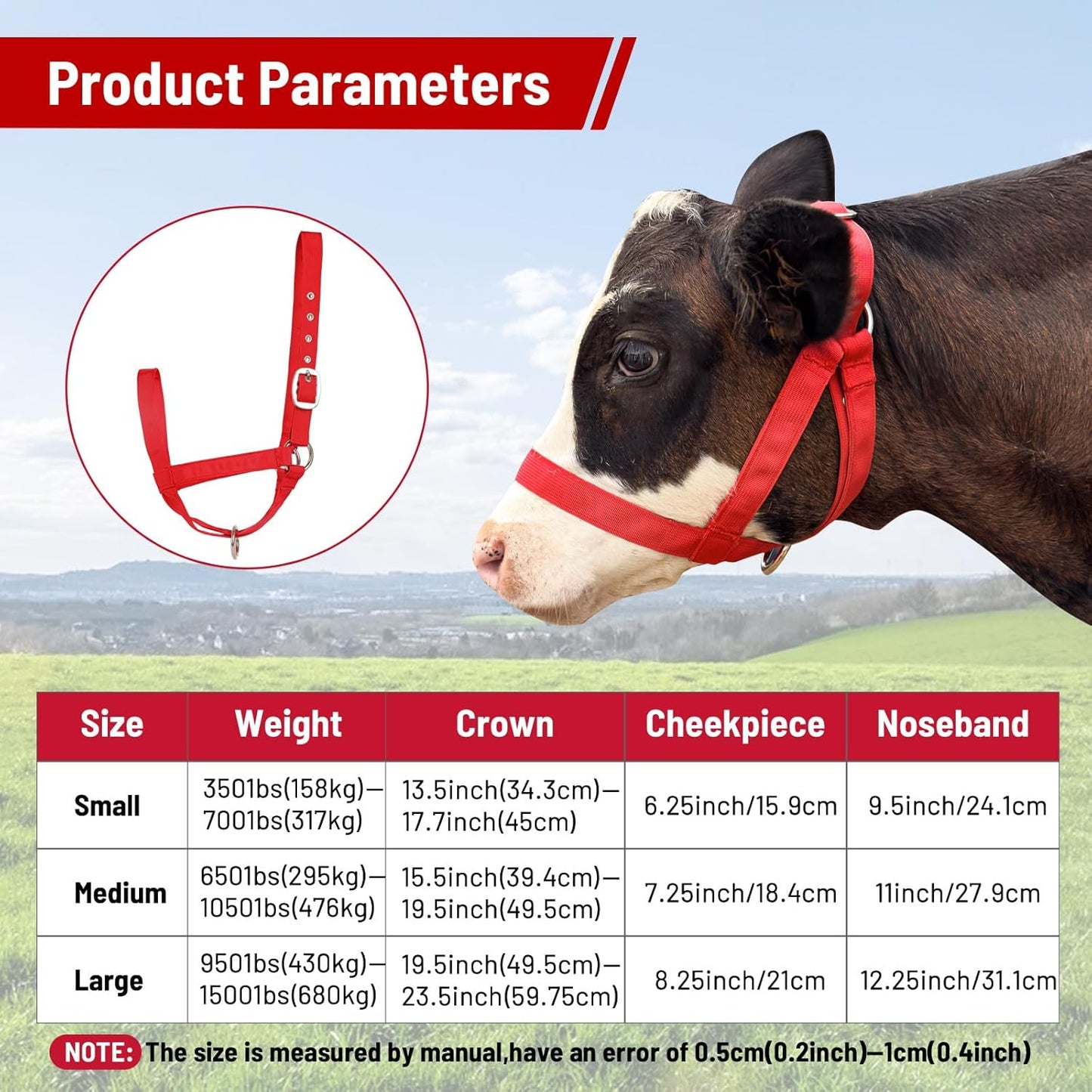XUANNIAO Easily Adjustable Figure 8 Cow Halter, Double-Ply Premium Livestock Cattle Halters, Colorful Cow Utility Calf Halter with Leading Rope for Miniature Horse Donkey Goat Foal (Small, Red)