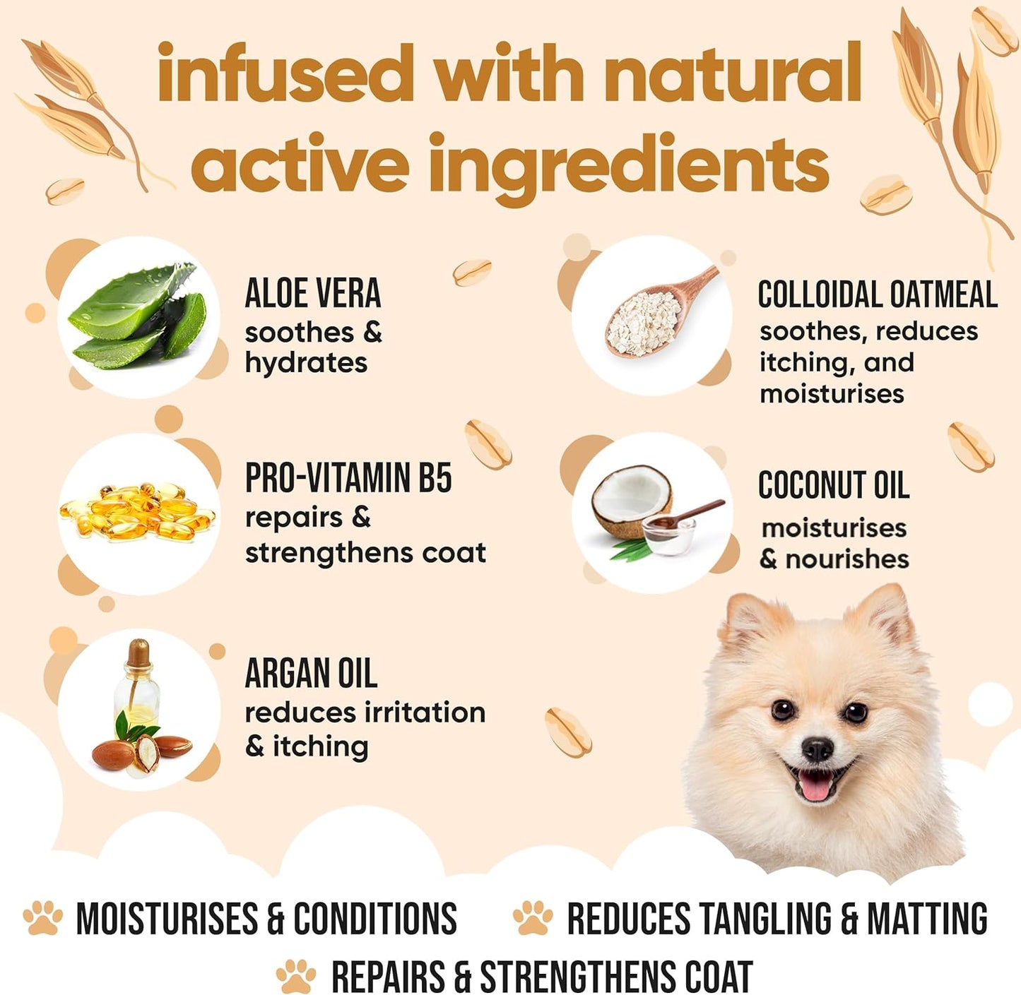 Oatmeal Dog Conditioner (16.90oz) Made with Aloe Vera, Argan Oil & Pro Vitamin B5 to Detangle Matted Coats & Relieve Sensitive & Itchy Skin, Suitable for Puppies from 8 Weeks, Vegan