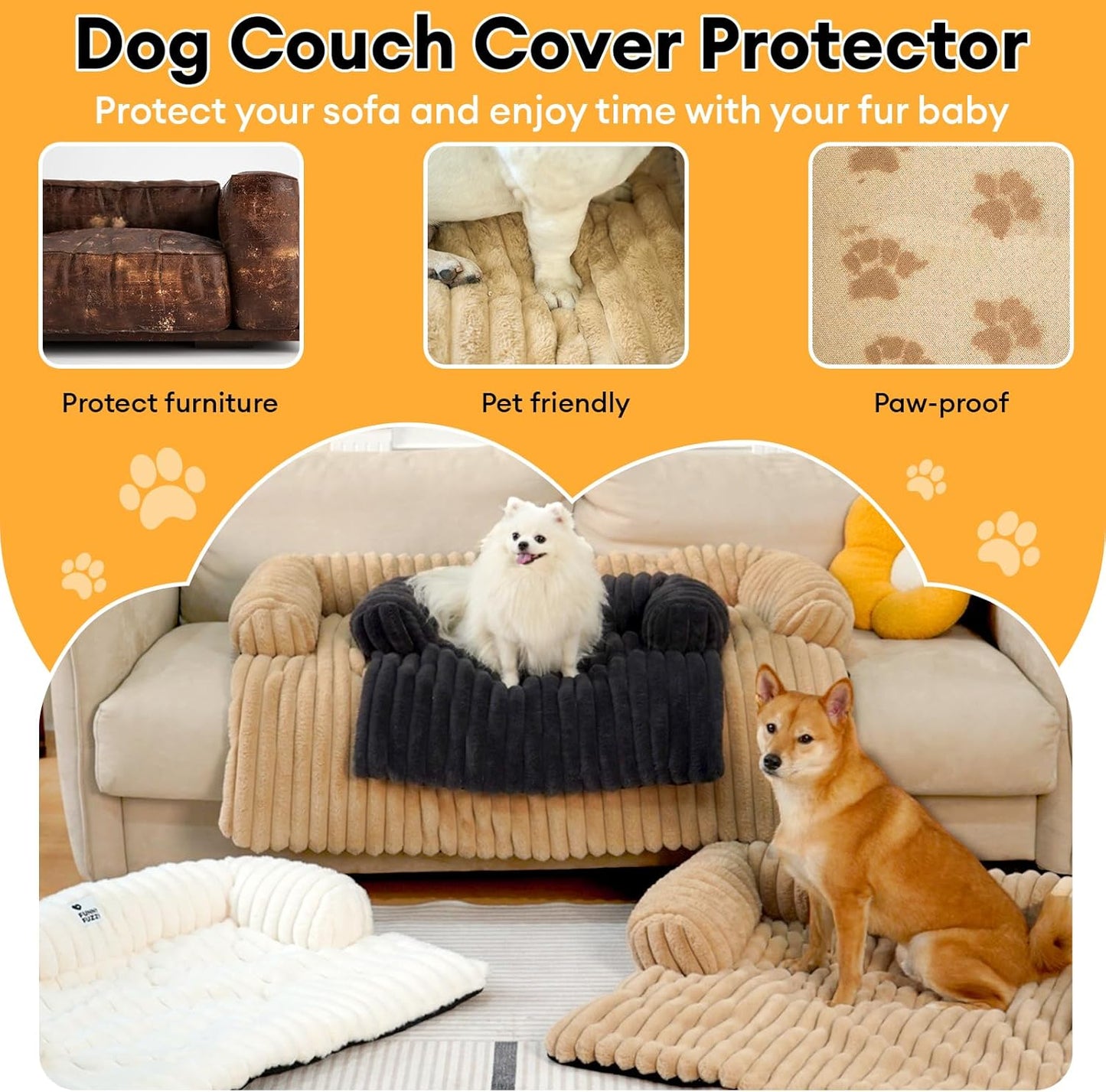 FUNNY FUZZY Pet Couch Cover for Sofa, Calming Dog Bed for Couch, Fluffy Plush Cat Bed Mat for Furniture Protector for Small Dogs and Kitten, 27×24 in, Khaki