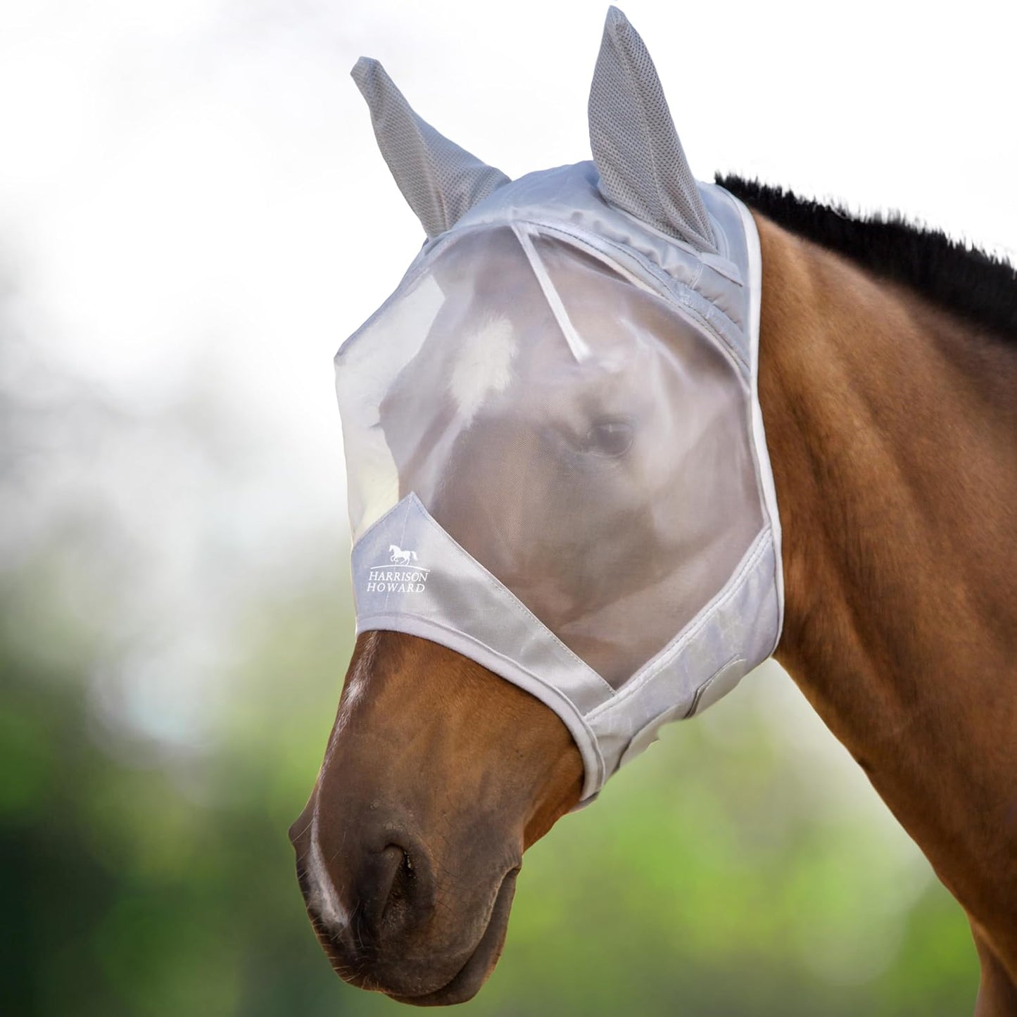 Harrison Howard CareMaster Horse Fly Mask Half Face with Ears Moonlight Silver XL Extra Full Size