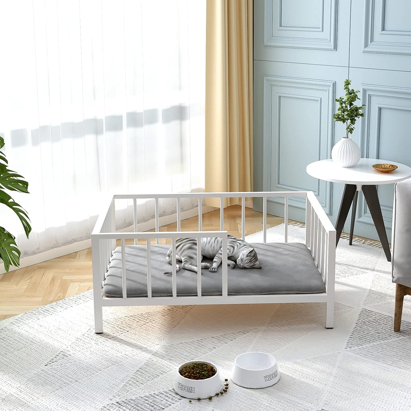 Dog Bed with Rails - Elevated Pet Metal Bed Frame with Solid Wood Board and Washable Soft Mat for Medium Dog Indoor or Outdoor Use, 25.2" x 37.8", White