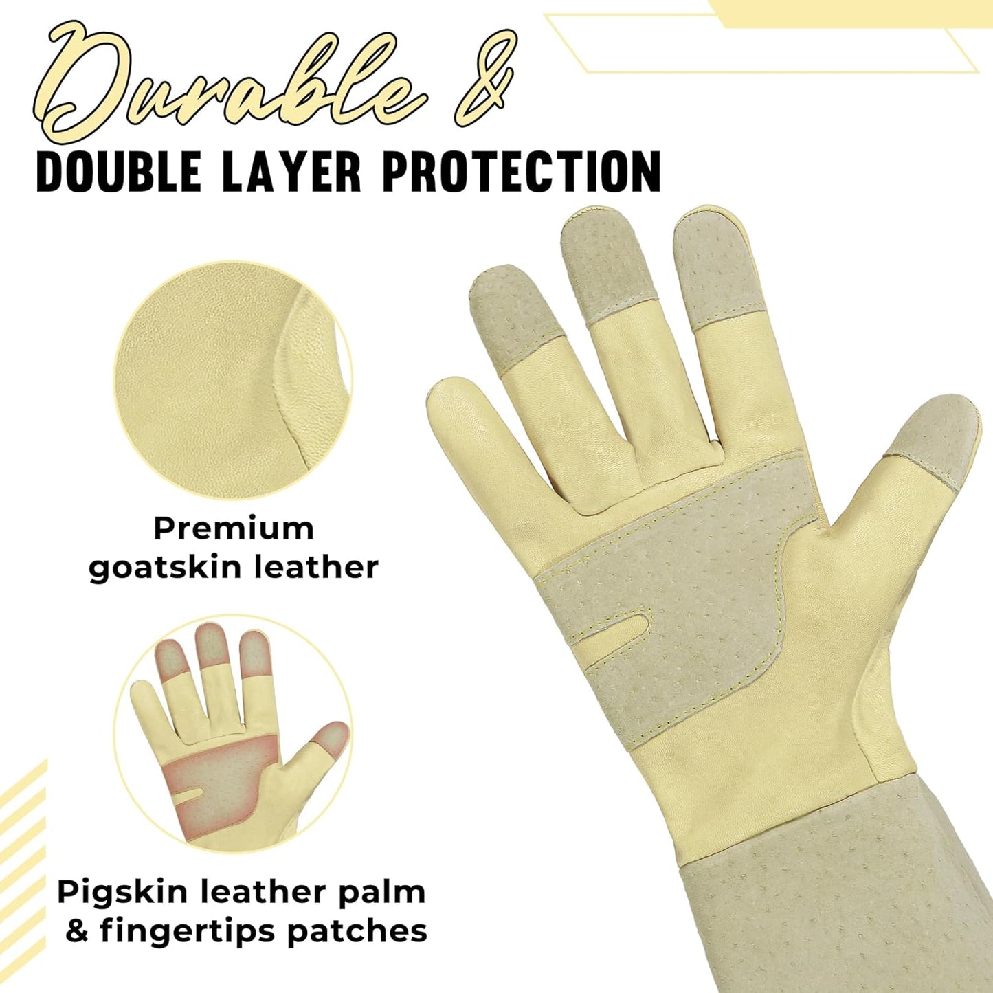 HANDLANDY Rose Pruning Gardening Gloves for Men Women, Thorn Proof Forearm Protection Leather Garden Gloves, Gardening Gifts for Gardeners (Beige- goatskin, Medium (Pack of 1))