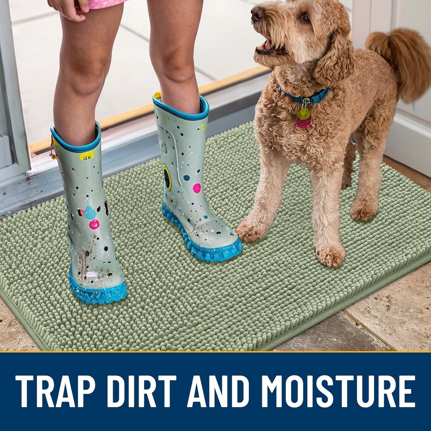 Smiry Dog Door Mat for Muddy Paws 30x20, Absorbs Moisture and Dirt Doormat, Non-Slip Washable Quick Dry Chenille Front Door Mat Indoor Entrance, Entryway Carpet for Inside Floor, Sage Green