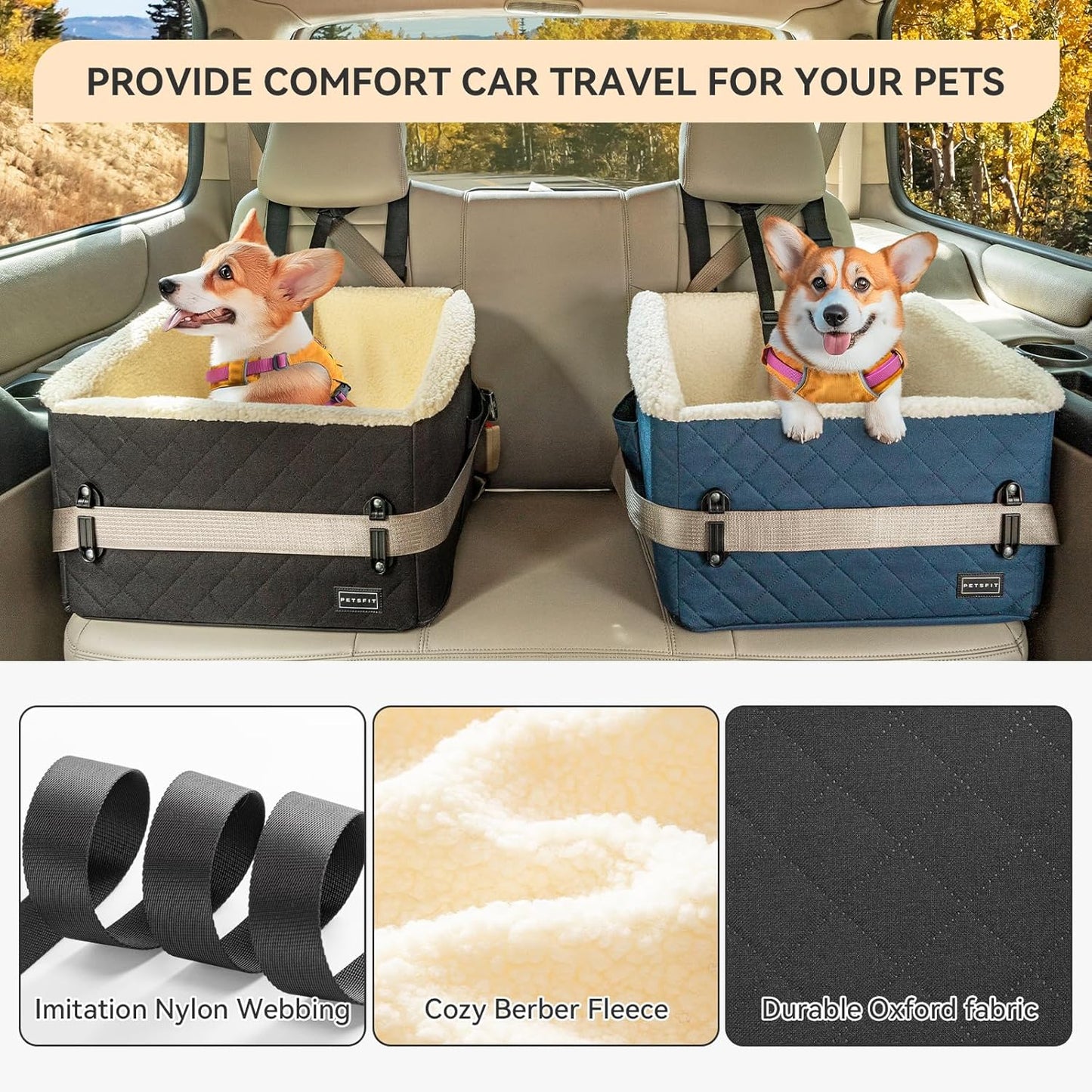 PETSFIT Dog Car Seats for Small Dogs, Soft Foam Dog Booster Seat with Patented Safety Buckles, Storage Pockets and Detachable Clip-On Safety Leash, Dog Car Seat for Medium Dogs 30 LBS (Black)