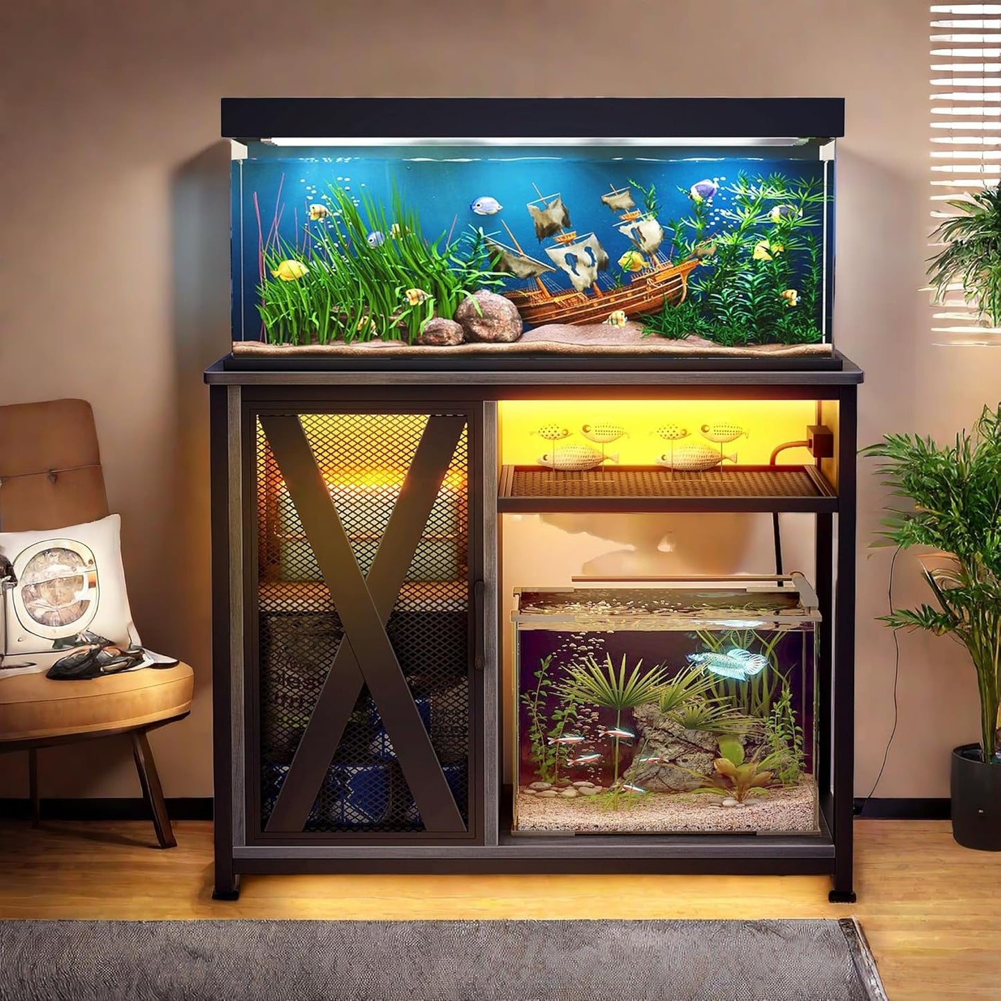 YITAHOME Fish Tank Stand with Power Outlets & LED Light, 40-50 Gallon Metal Aquarium Stand with Cabinet for Fish Tank Accessories Storage for Turtle Tank, Reptile Terrarium, 660LBS Capacity, Grey