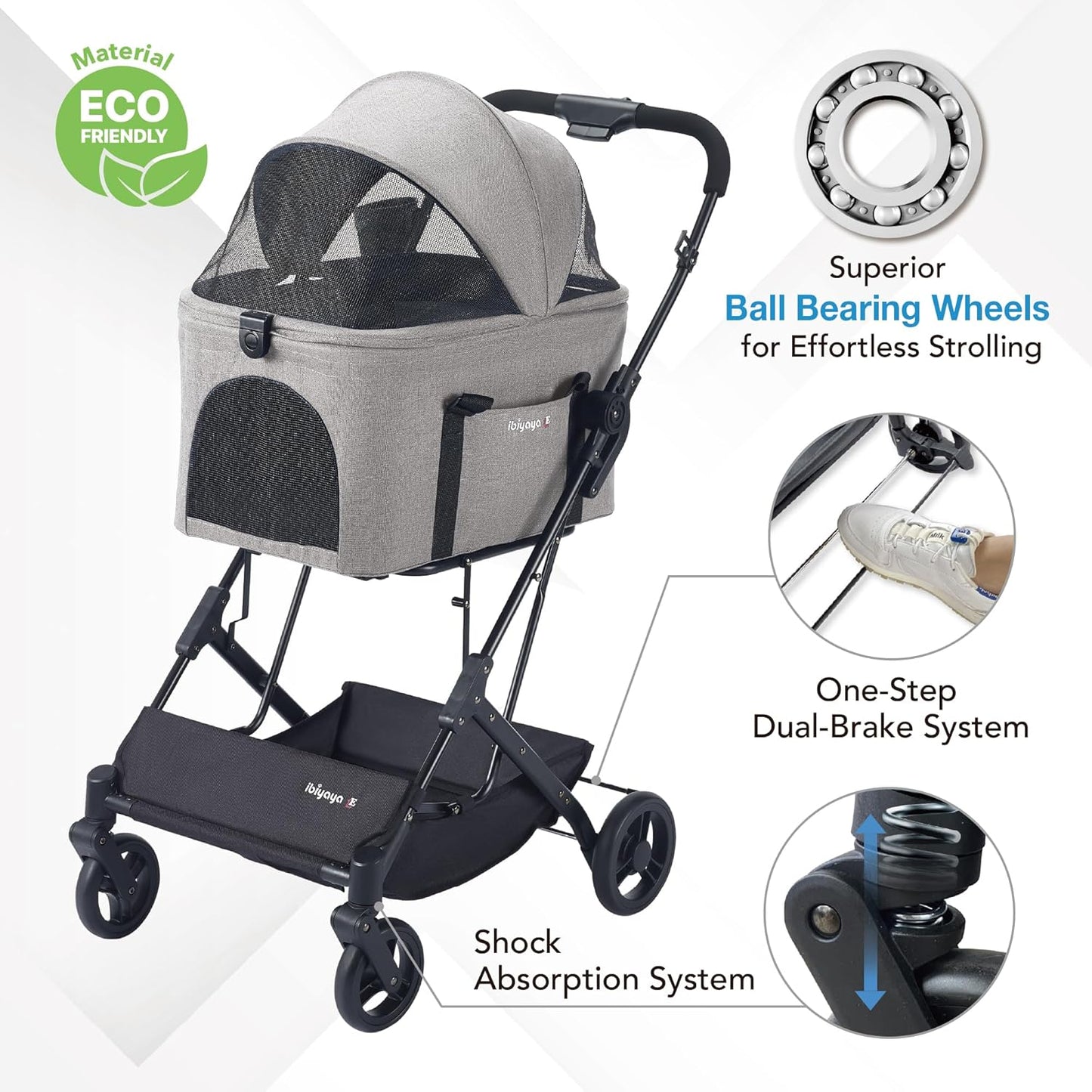 ibiyaya Essential – Travois Tri-Fold Pet Travel System for Medium Dogs, Cats, and More, 3 in 1 Dog Stroller with Detachable Carrier, XL Cabin (Taupe Gray)