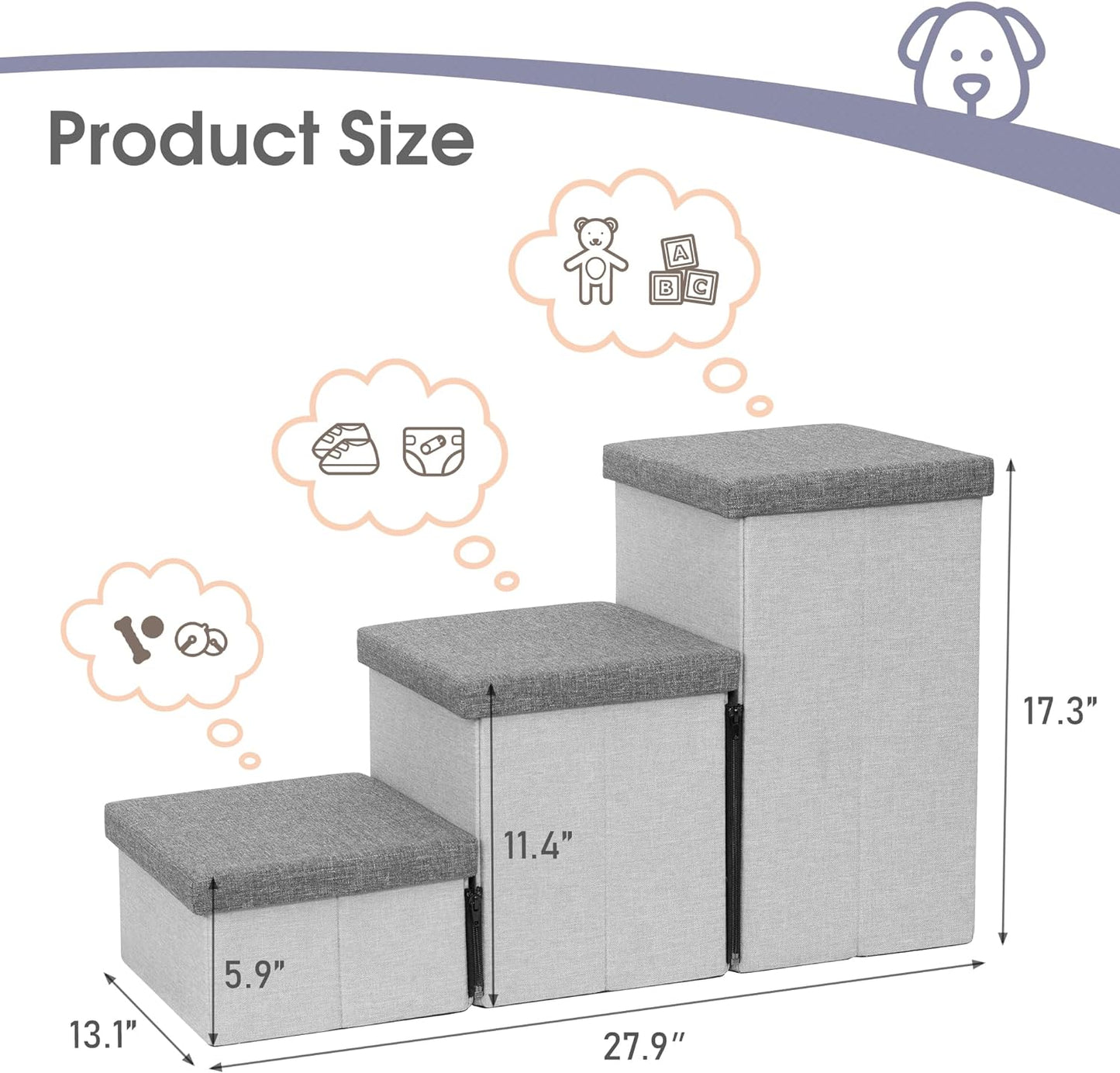 Heeyoo Dog Stairs with Storage, Foldable Dog Steps for Small Dogs, 3 Tiers Non-Slip Pet Stairs for High Beds Or Couch and Sofa, Hold up to 200 lbs Pet Cat