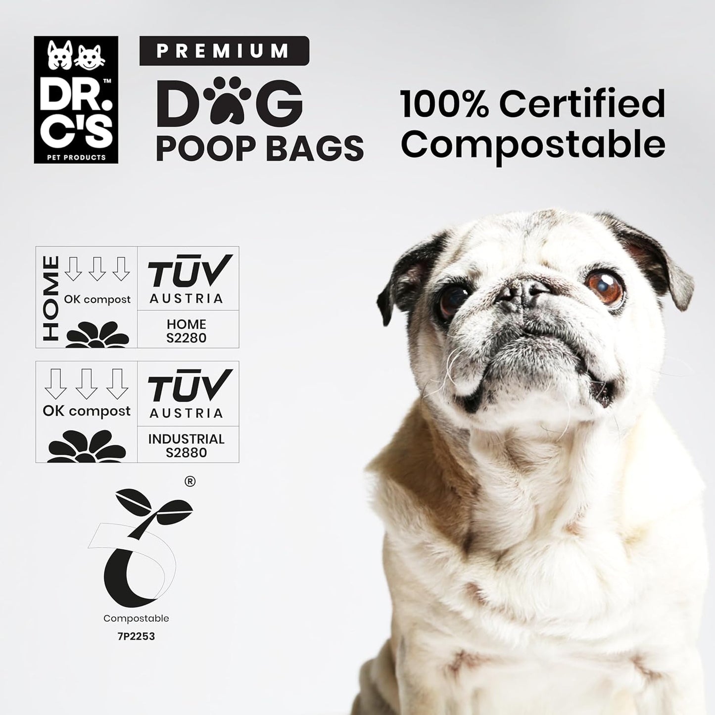 100% Certified Compostable Dog Poop Bags - Dr. C's Premium Dog Poop Bags - 270 Bags / 18 Rolls, Extra thick, Leak Proof, Unscented, Plant Based and Earth Friendly, Dispenser Included