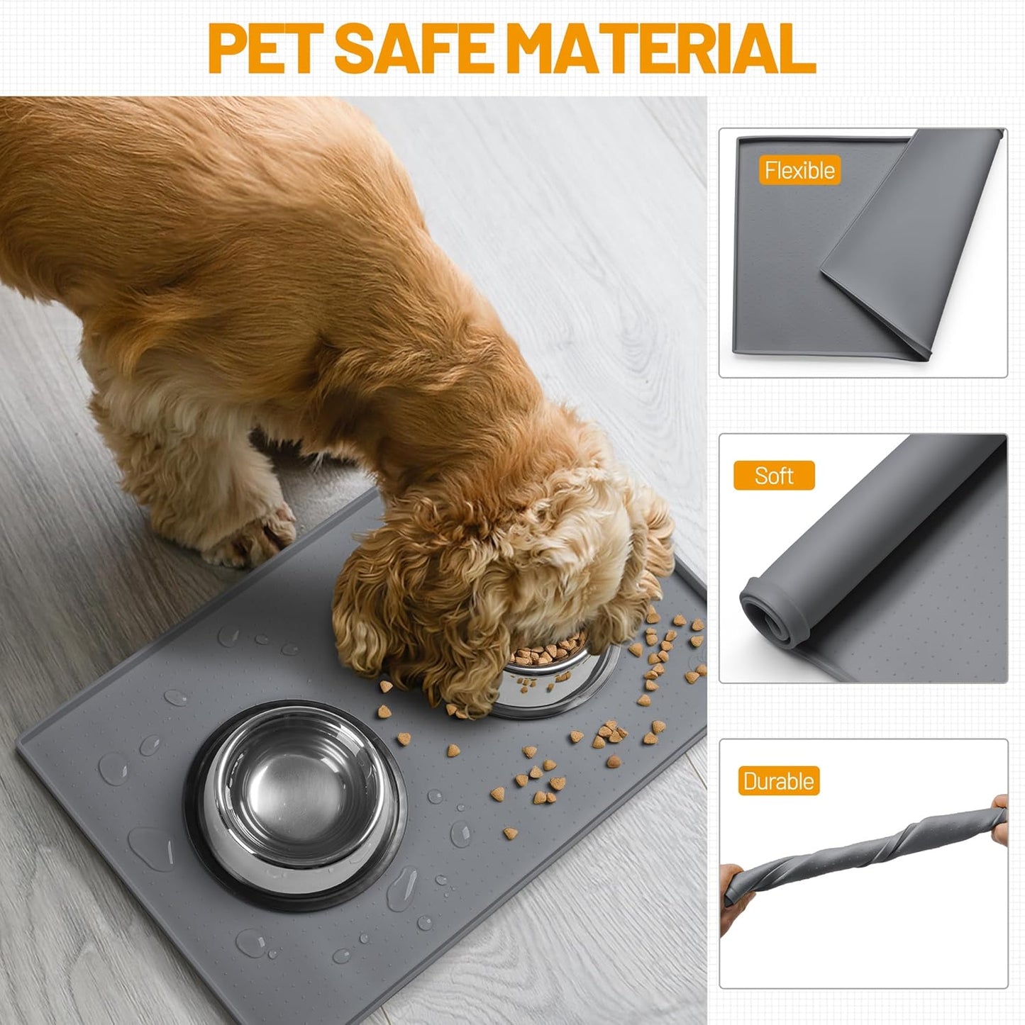 Hubulk Dog Feeding Mat,100% Waterproof Food Grade Silicone Pet Food and Water Bowl Placemat,Dishwasher, High Raised Edge to Prevent Spills,Nonslip Tray to Stop Messes on Floor (32"x24"x1.0", Grey)
