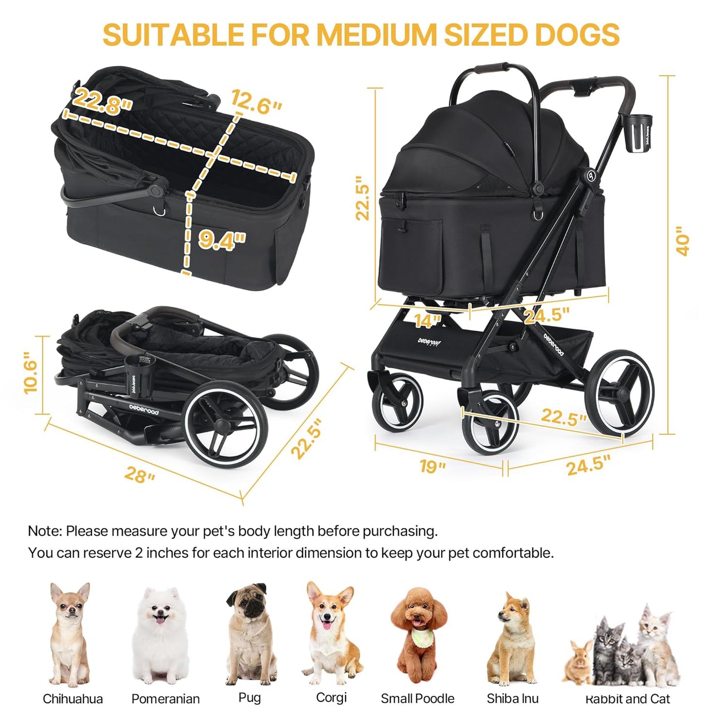 X3 2 in 1 Pet Stroller for Medium or Two Small Dogs & Cats 4 Wheels Lightweight Foldable Carrier Dog Stroller with Waterproof Weather Cover Cup Holder,Storage Basket(Black)