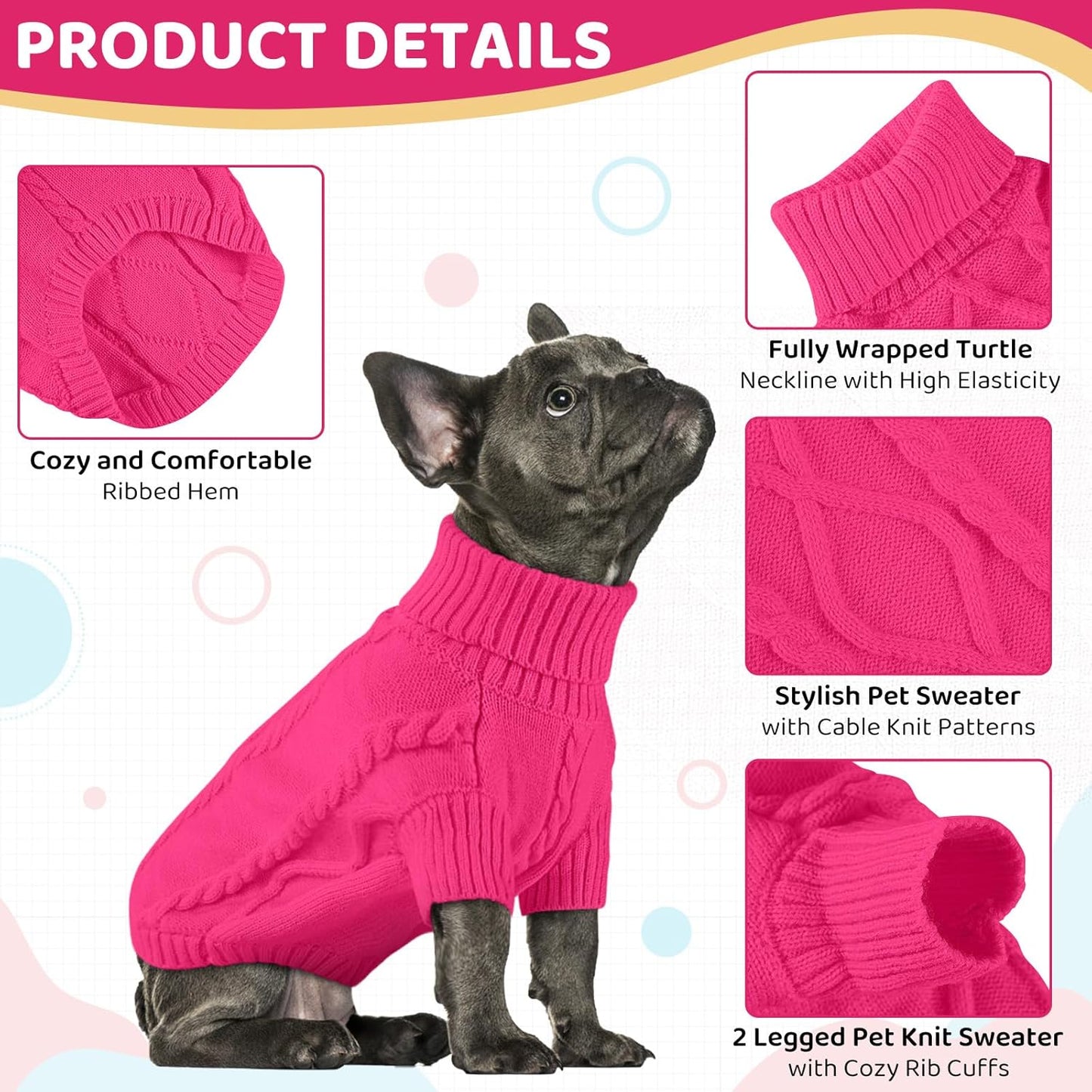 Queenmore Small Dog Pullover Sweater, Cold Weather Cable Knitwear, Classic Turtleneck Thick Warm Clothes for Chihuahua, Bulldog, Dachshund, Pug (Fuchsia, Small)