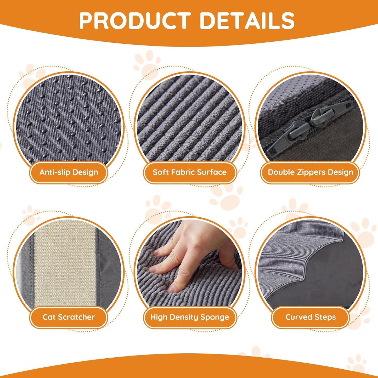 Pet Stairs, Dog Stairs for Small Dogs, Dogs Steps, 3-Step Curved Dog Ramp for Bed, Couch, Sofa, Car and Chairs, Non-Slip Bottom Design, Cat Scratching Board, High Density Foam Portable Pet Step, Grey