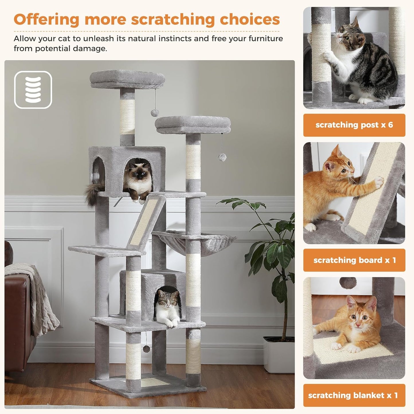 PAWZ Road 70 Inch Cat Tower, Tall Cat Tree with 2 Cozy Condos, 2 Plush Perch, Large Basket, 2 Scraching Pad & 6 Scraching Posts for Indoor Cats Large Adult, Gray
