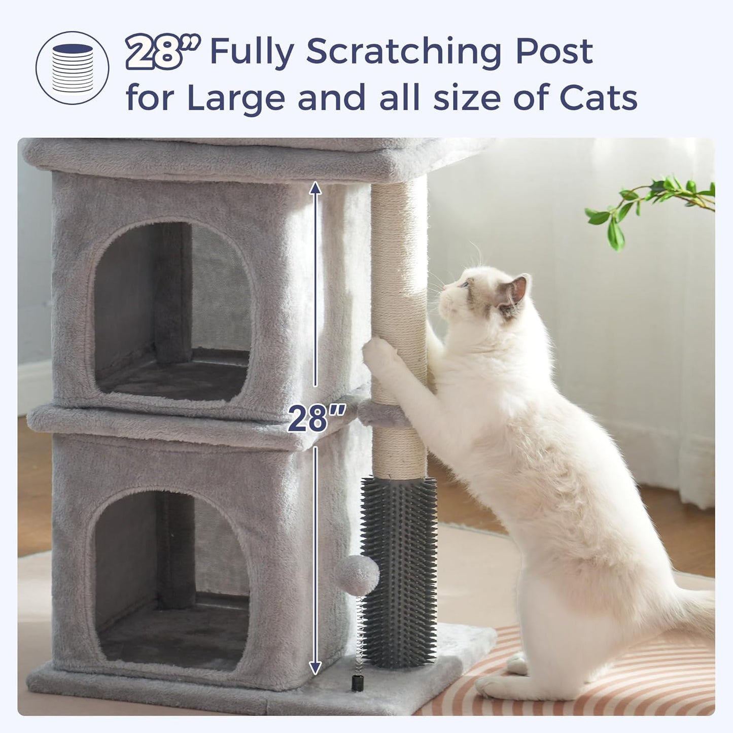Cat Tree with Large Top Bed 17.7x15.7” Small Cat Tower with Dual Condos,28” Fully Scratching Post and Self Groomer for Indoor Cats-Grey