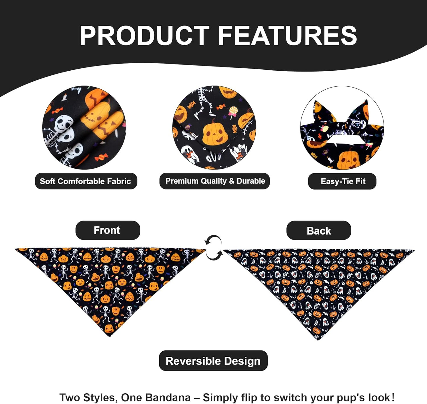 Halloween Dog Bandana for Small Dogs - Reversible Black Skull Pumpkin Print Scarf - Soft & Quick-Dry for Costume Parties