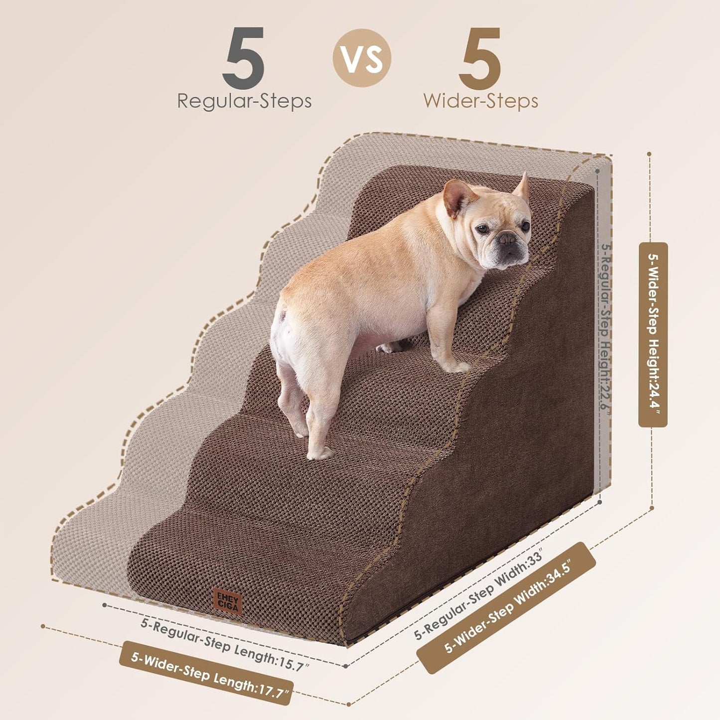 EHEYCIGA Curved Dog Stairs Ramp for High Beds, 5-Step Extra Wide Dog Steps for Small Dogs and Cats, Pet Stairs for High Bed Climbing, Non-Slip Balanced Pet Step Indoor, Brown