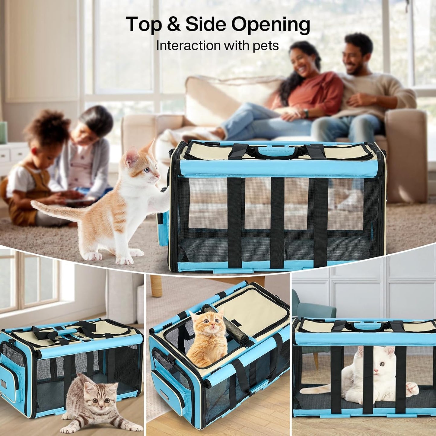 MILADA Large Cat Carrier for 2 Cats, Soft Big Pet Carrier with Wheels, Double Cat Carrier on Wheels, Rolling Pet Carrier for Travel Hiking Shopping and Camping（Not for Air Travel）, Blue