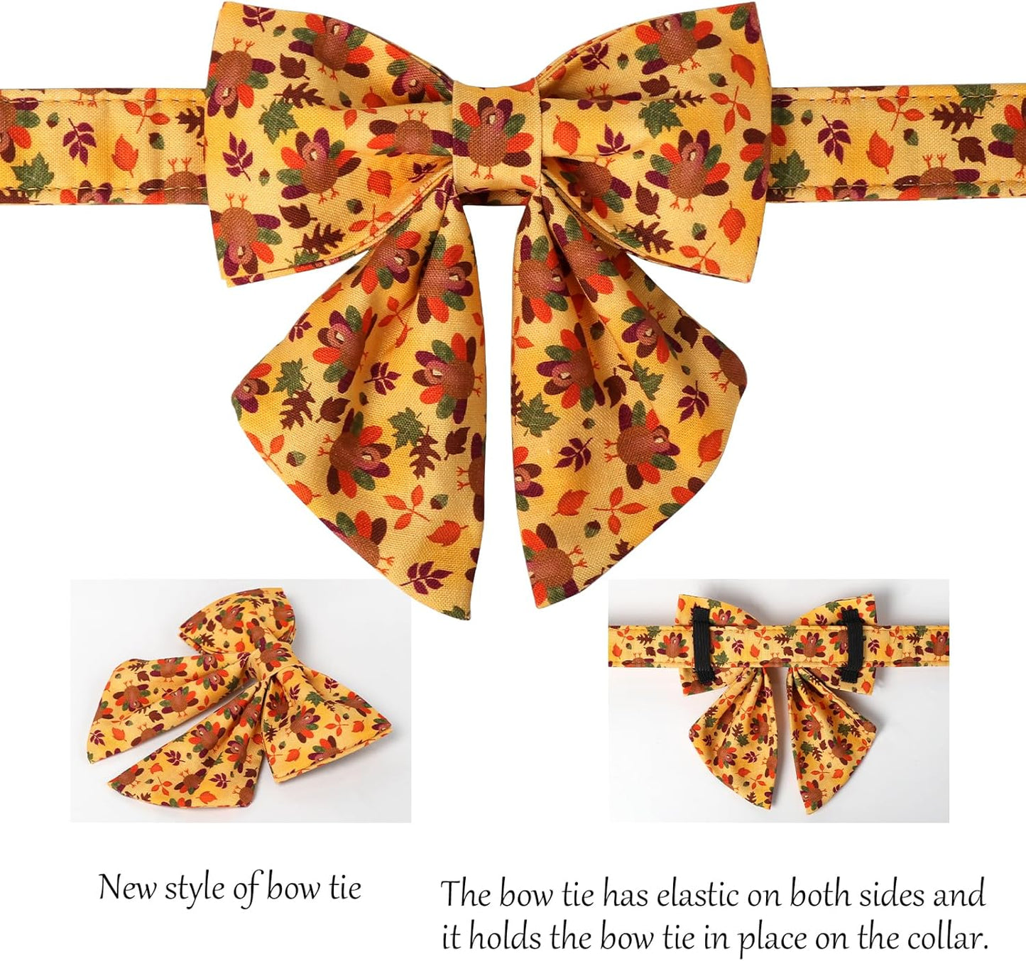 Lionet Paws Thanksgiving Day Dog Collar with Bowtie, Dogs Sailor Bow Collar with Metal Buckle for Dogs, Adjustable Comfortable Dog Collars Girl, XL, Neck 16-26 in