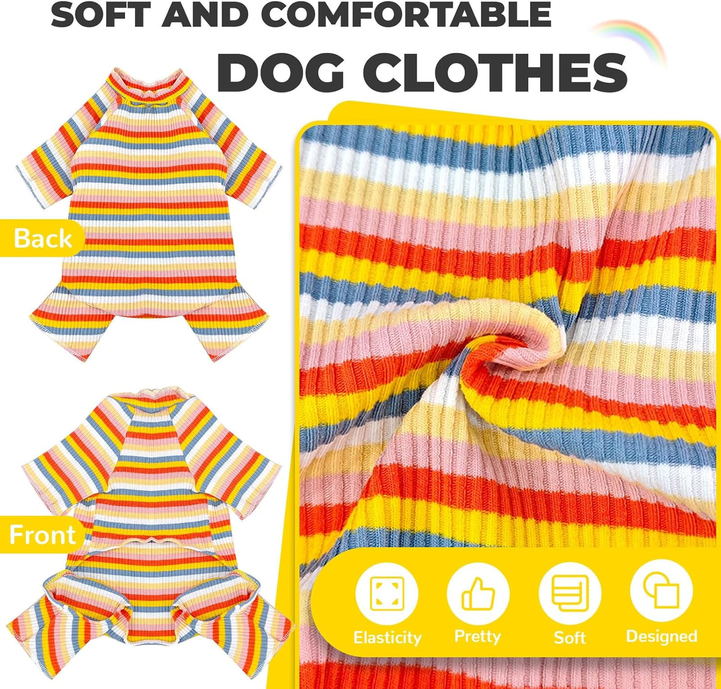 BAEJMJK Striped Dog Pajamas Stretchy Cute Four-Legged Boy Girl Dog Clothes with Sleeves Comfortable Dogs Jumpsuit Colorful Pet Puppy Outfits Apparel for Small Medium Dogs Cats(Yellow,Small)