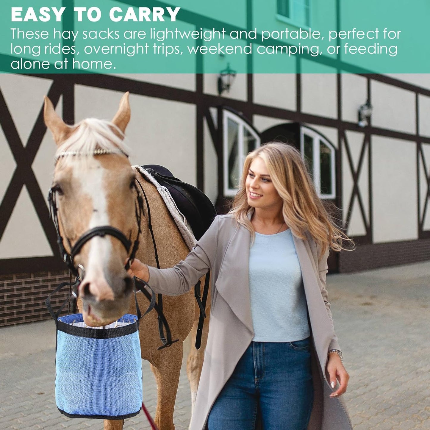 2 Pcs Horses Feed Horse Bag for Grain Hay Bags Heavy Duty Mesh Horse Feeder with Adjustable Strap Comfort Neck Pad Nose Pad and Waterproof Bottom Muzzle(Blue)