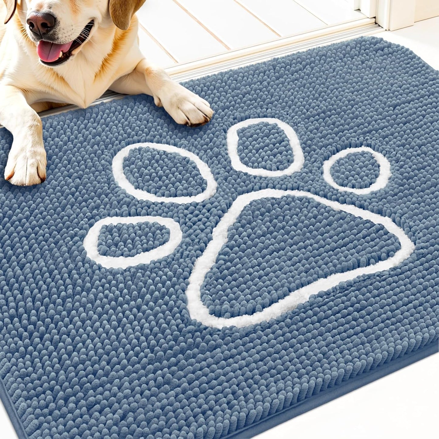 OLANLY Door Mat for Muddy Dog Paws 30x20, Absorbent Chenille Doormat with Paw Print Design, Non-Slip Washable Doormat for Indoor Entryway, Quick-Dry Pet Bed Mats for Dirty Dogs, Airy Blue and White