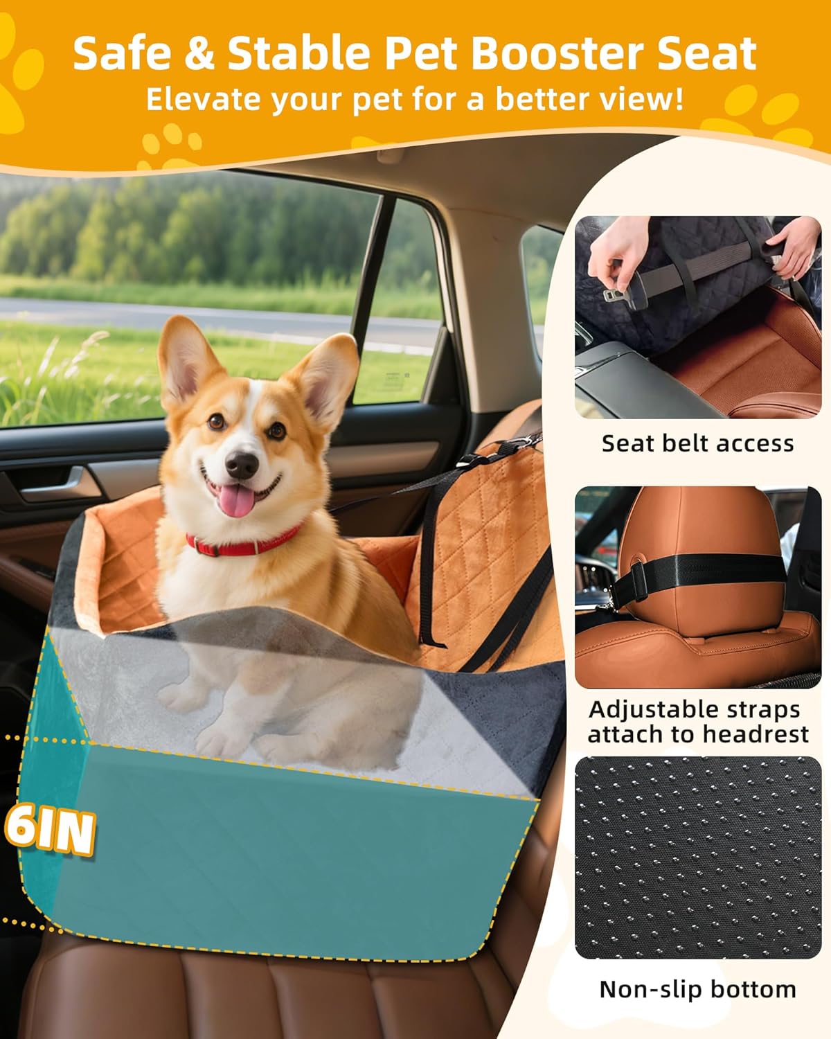 Car Seat Booster for Dog: High-Support Memory Foam Pet Car Seat for Small/Medium Dogs Under 35lbs with Elevated Cushion,Pockets - Detachable Washable Puppy Travel Bed for Driving(Black/Brown)