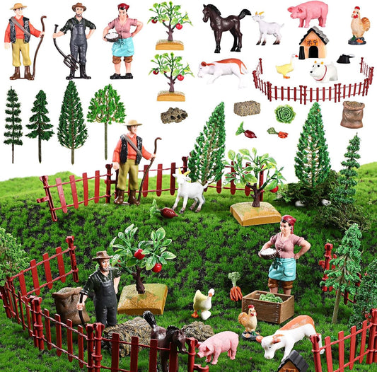 27 Pcs Farm Toys Set, 3 Little Farmer Figurines 9 Plastic Animals Figurines 10 Feed Food Fence Playset 4 Model Trees 1 Moss Mat Animal Farm Toys for Educational School Project Gift