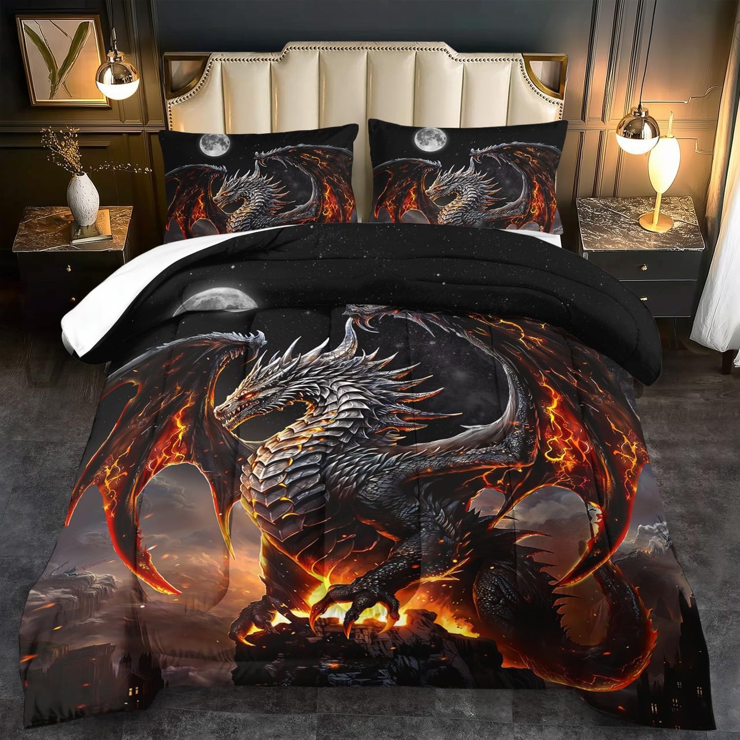 Black Dragon Comforter Set Queen Adult,Flame Dragon Bedding Set for Boys,Magical Beast Bedding Fantasy Animal Comforter Beedroom Decor,Magical Beast Quilt Bed Decor