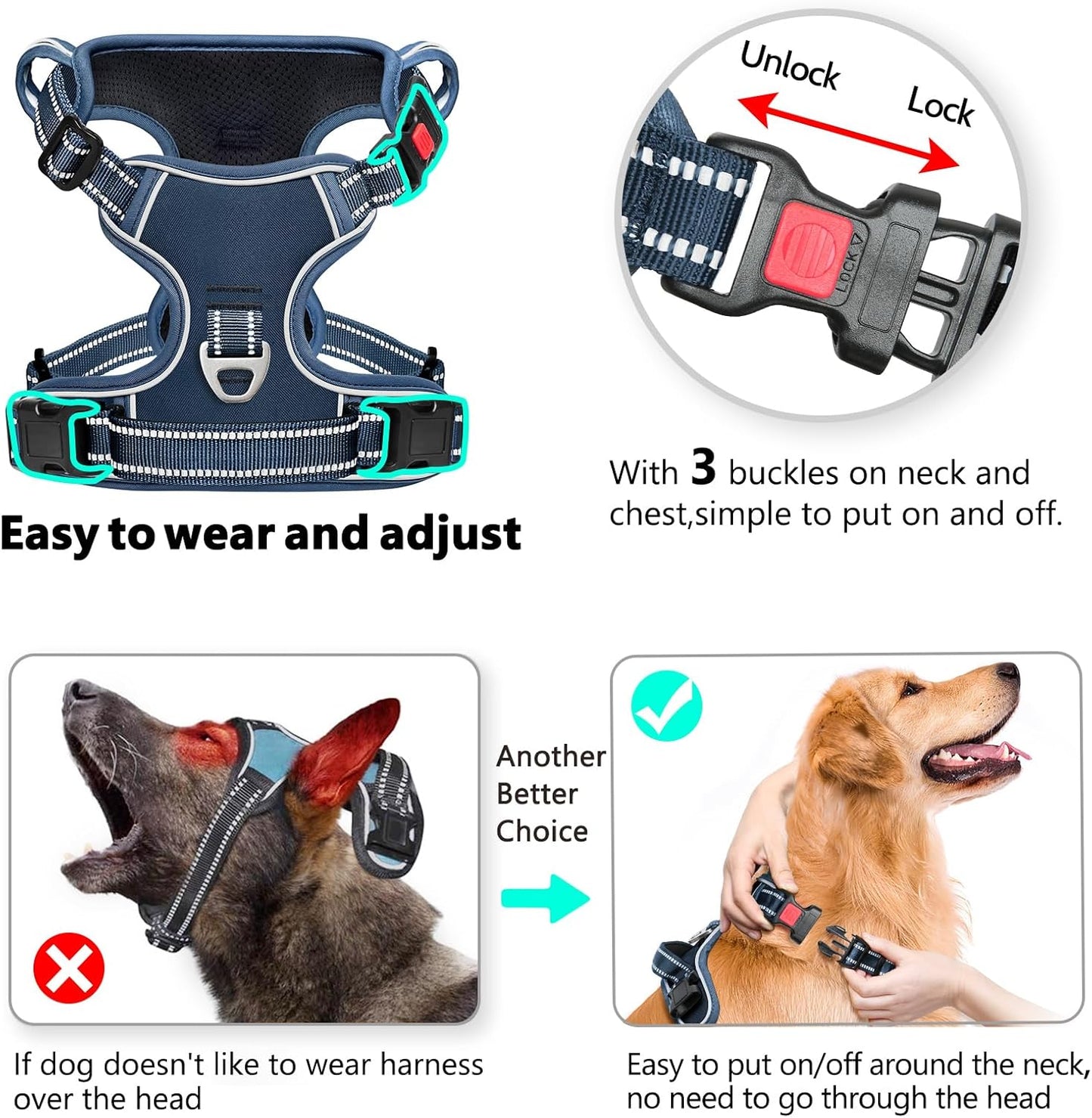 Timos Dog Harness Medium Sized, No Pull Pet Harness with Neck Lockable Snap,No Choke Front Clip Dog Reflective Vest,Adjustable Metal Rings 3 Buckles,Easy Control Handle for Medium Dogs Royal Blue M