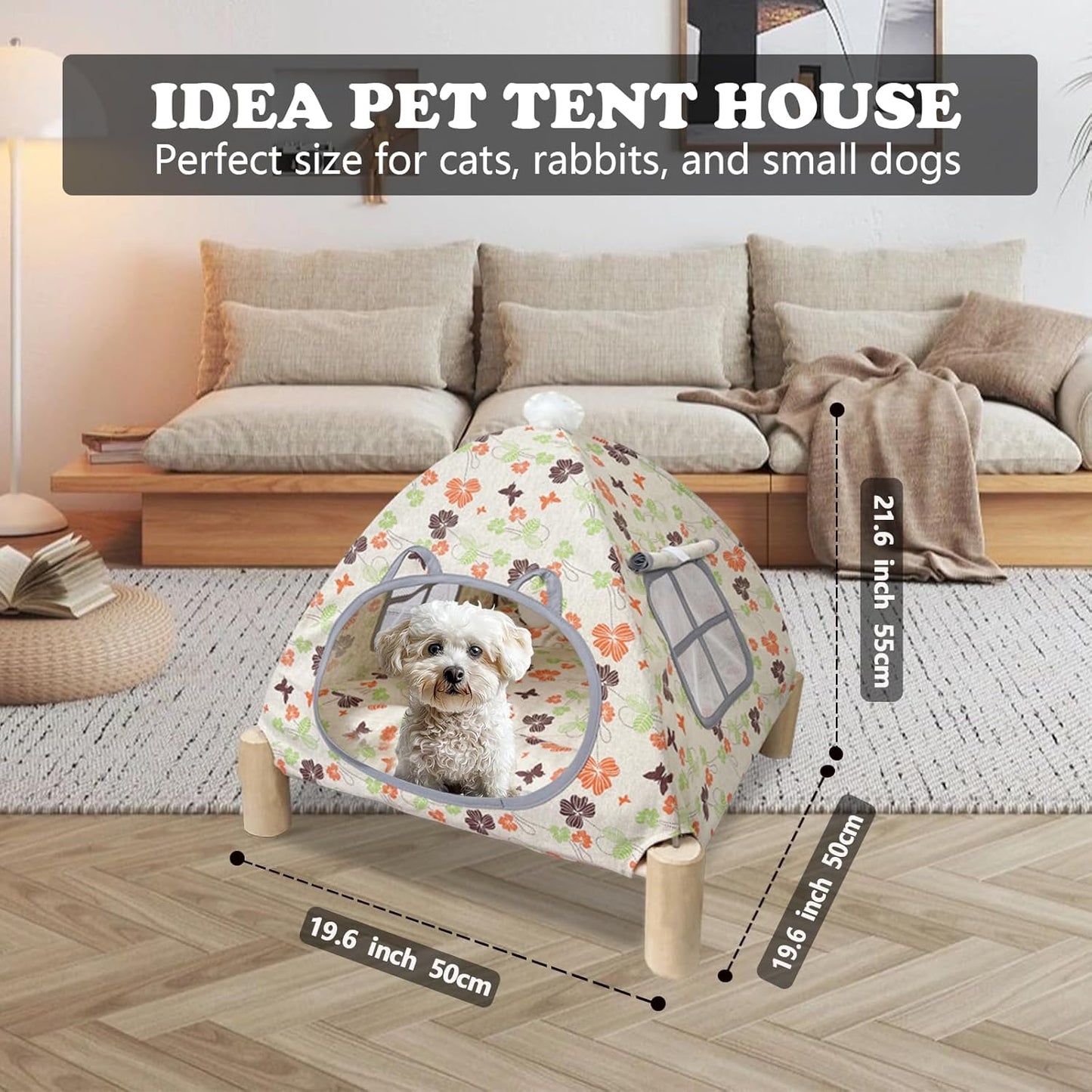 2-in-1 Elevated Cat Tent Cat House, Quick Assembly and Disassembly, Portable Indoor/Outdoor Cute Cat Bed Cave-Butterfly and Flower