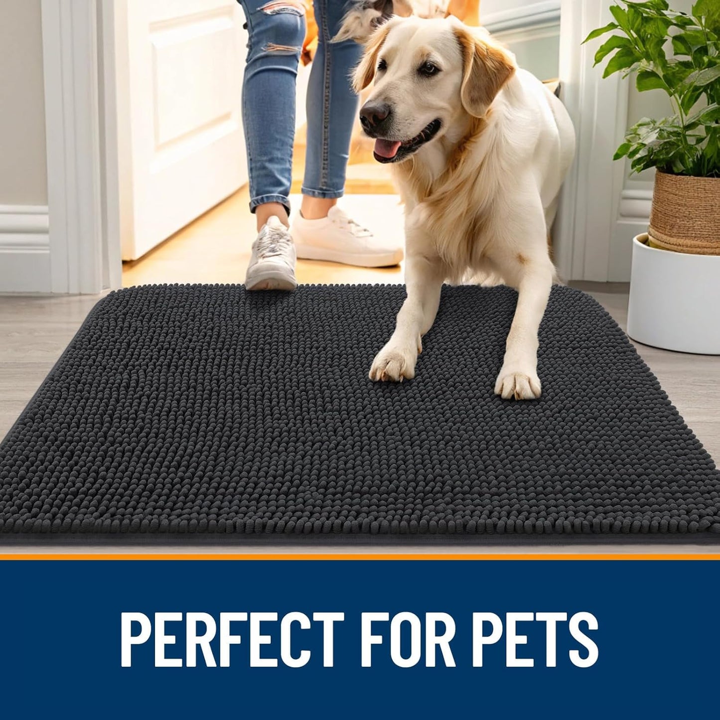 OLANLY Dog Door Mat for Muddy Paws 54x24, Absorbs Moisture and Dirt, Absorbent Non-Slip Washable Doormat, Quick Dry Chenille Mud Mat for Dogs, Entry Indoor Entryway Carpet for Inside Floor, Dark Grey