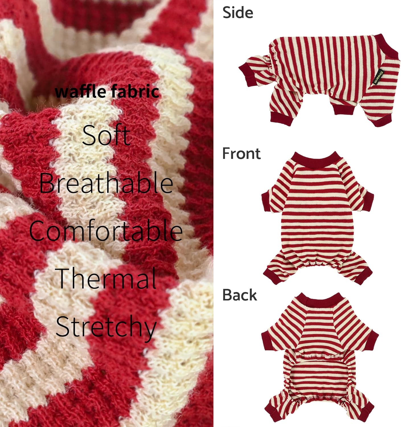Fitwarm Red and White Striped Dog Pajamas, Waffle Dog Clothes for Small Dogs Girl Boy, Puppy Onesie with Feet, Pet Christmas Outfit, Medium