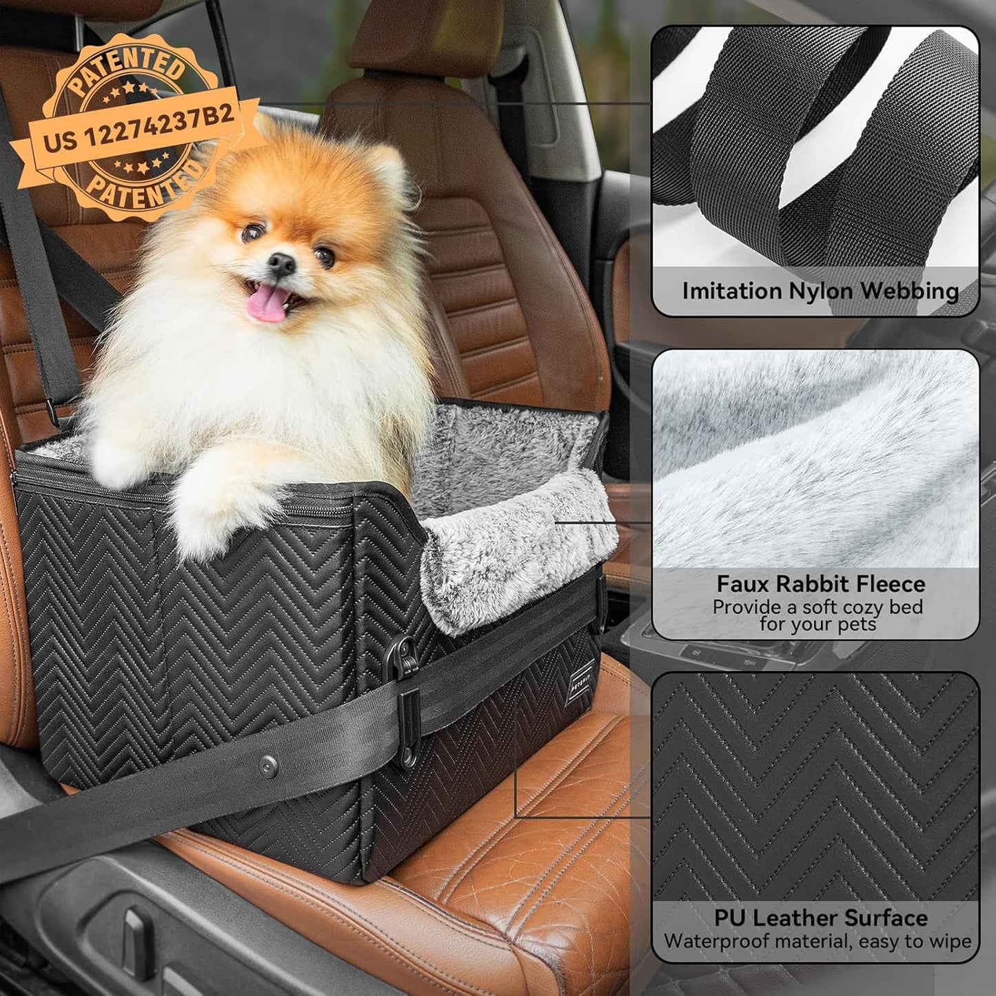 PETSFIT Small Dog Car Seat, Waterproof PU Leather Dog Carseat with Patent Safe Buckles, Clip-On Leash, Car Seat for Dogs, Cats Up to 25 lbs (Glossy Black)