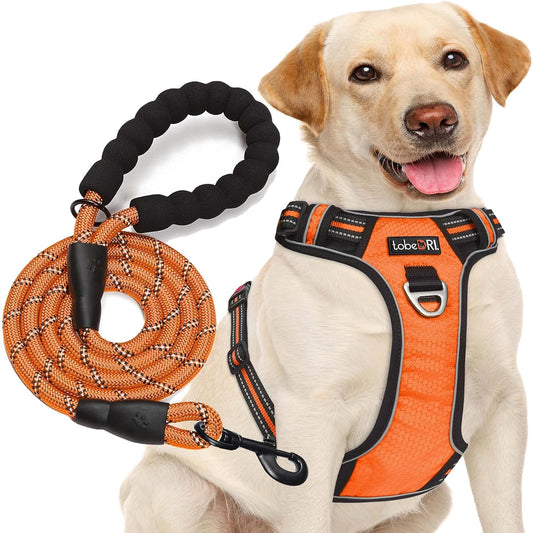 No Pull Dog Harness Adjustable Reflective Oxford Easy Control Medium Large Dog Harness with A Free Heavy Duty 5ft Dog Leash (L (Chest: 25.5"-31"), Orange Harness+Leash)