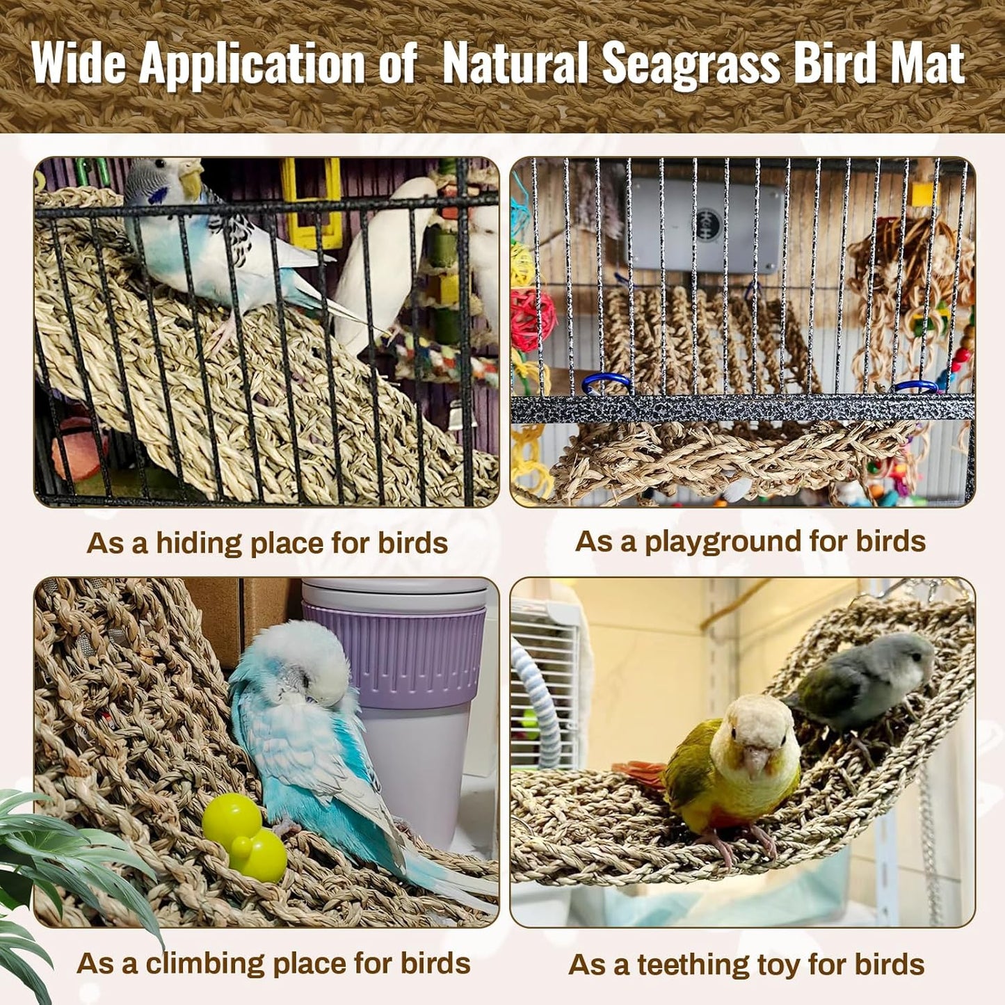 2Pcs 29.5 x 7 inches Large Bird Seagrass Mat Grass Woven Net Parrot Hammock Mat Parakeet Climbing Rope Ladder with Hooks Bird Cage Accessories for Conure Cockatiel Budgie Macaw Bearded Dragon