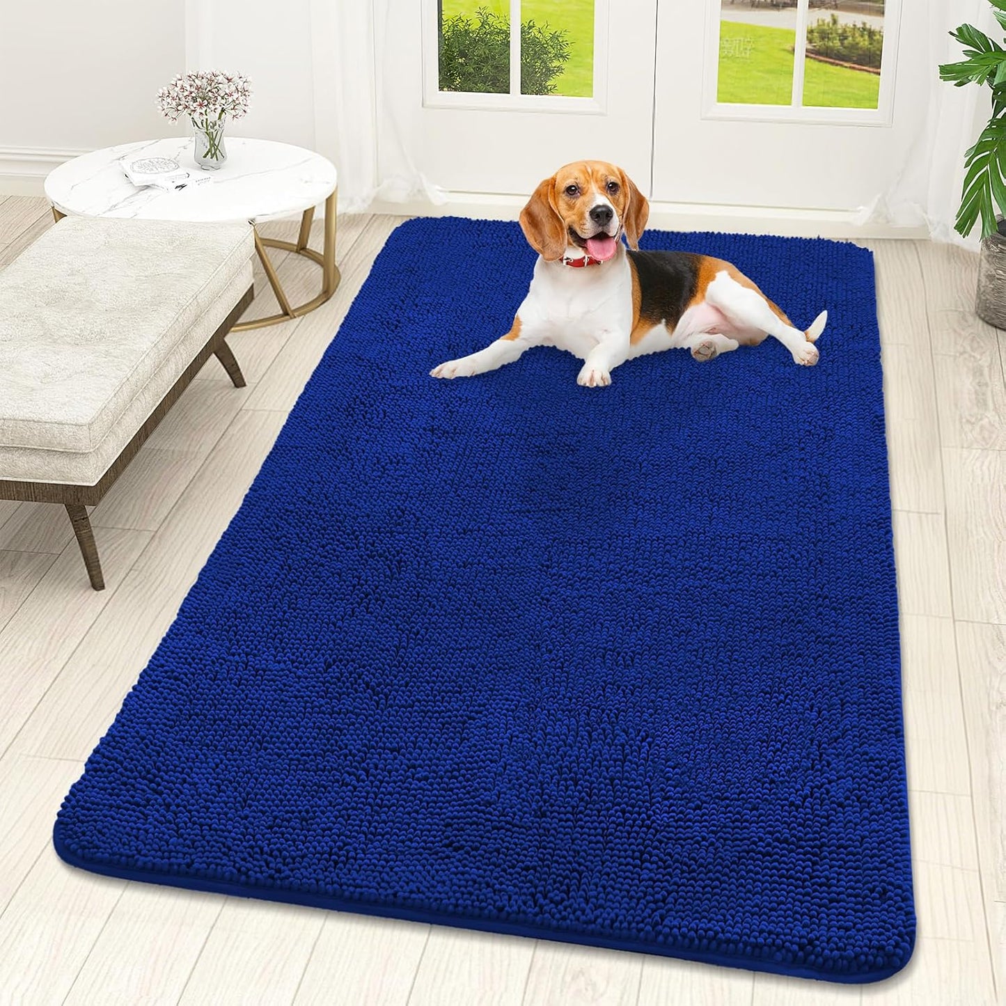OLANLY Dog Door Mat for Muddy Paws 59x32, Absorbs Moisture and Dirt, Absorbent Non-Slip Washable Doormat, Quick Dry Chenille Mud Mat for Dogs, Entry Indoor Entryway Carpet for Inside Floor, Royal Blue