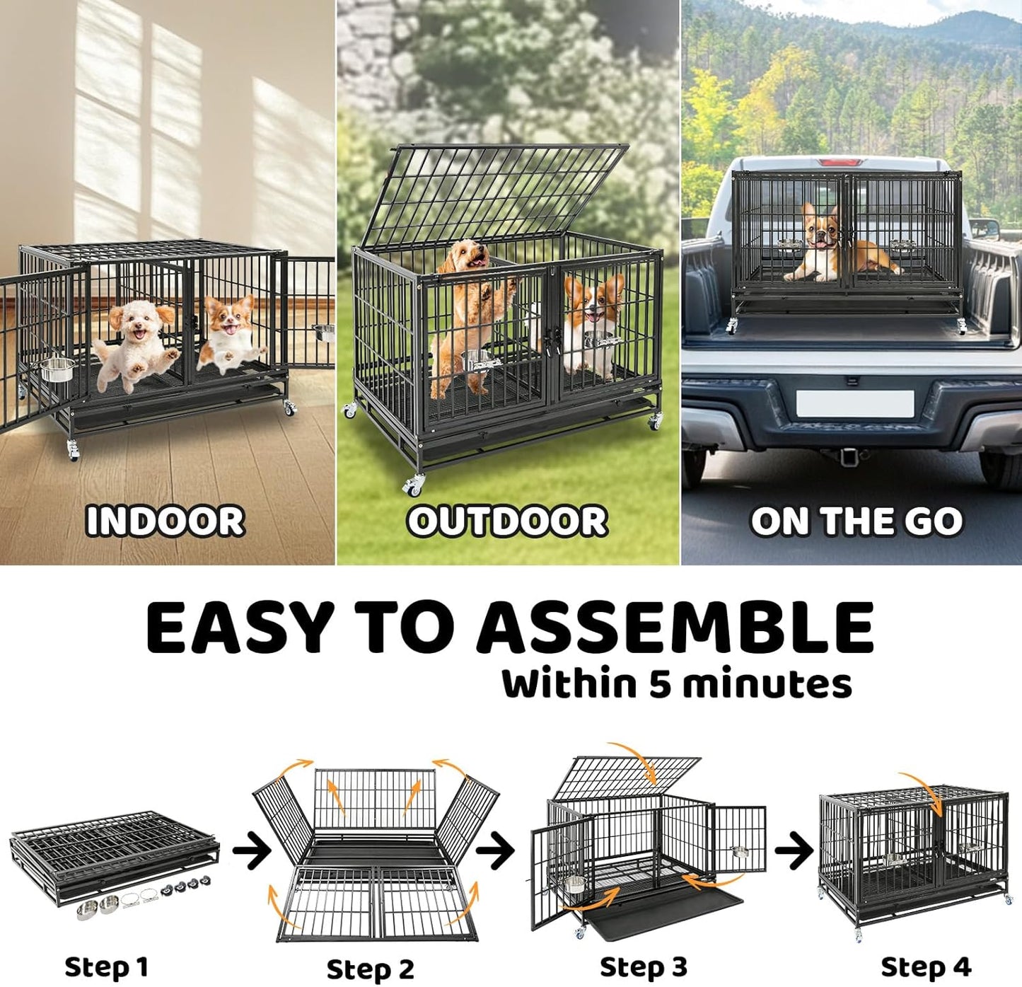Homey Pet 43 Inch Heavy Duty Dog Crate Cage Kennel for Medium Dogs with Three Door, Divider, Removable Grid & Tray, 4 x Lockable Wheels, 2 x Bowls, Stackable Drop Cages for Breeders, Groomers