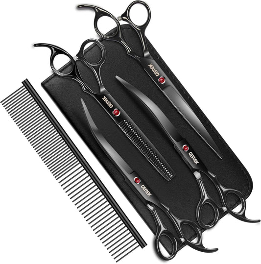 7.0in Titanium Professional Dog Grooming Scissors Set, GEMEK 6 in 1 Straight & Thinning & Upwards Curved & Downwards Curved Scissors & Comb for Dogs, Cats and Other Animals (Black)