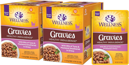Wellness Healthy Indulgence Gravy Adult Wet Cat Food, Natural, Protein-Rich, Grain Free, 3 Ounce Pouch, 24 Pack, (Tuna & Mackerel)