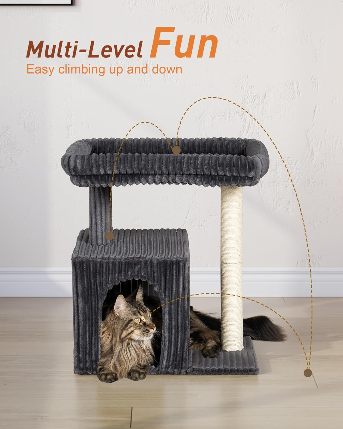 Cat Tree for Large Cat, 22.8” Cat Tower with Scratching Post, 20.9 * 15.7in Perch Bed for Adult Cats, Cat Condo with 2 Caves for Indoor Cats, Dark Gray