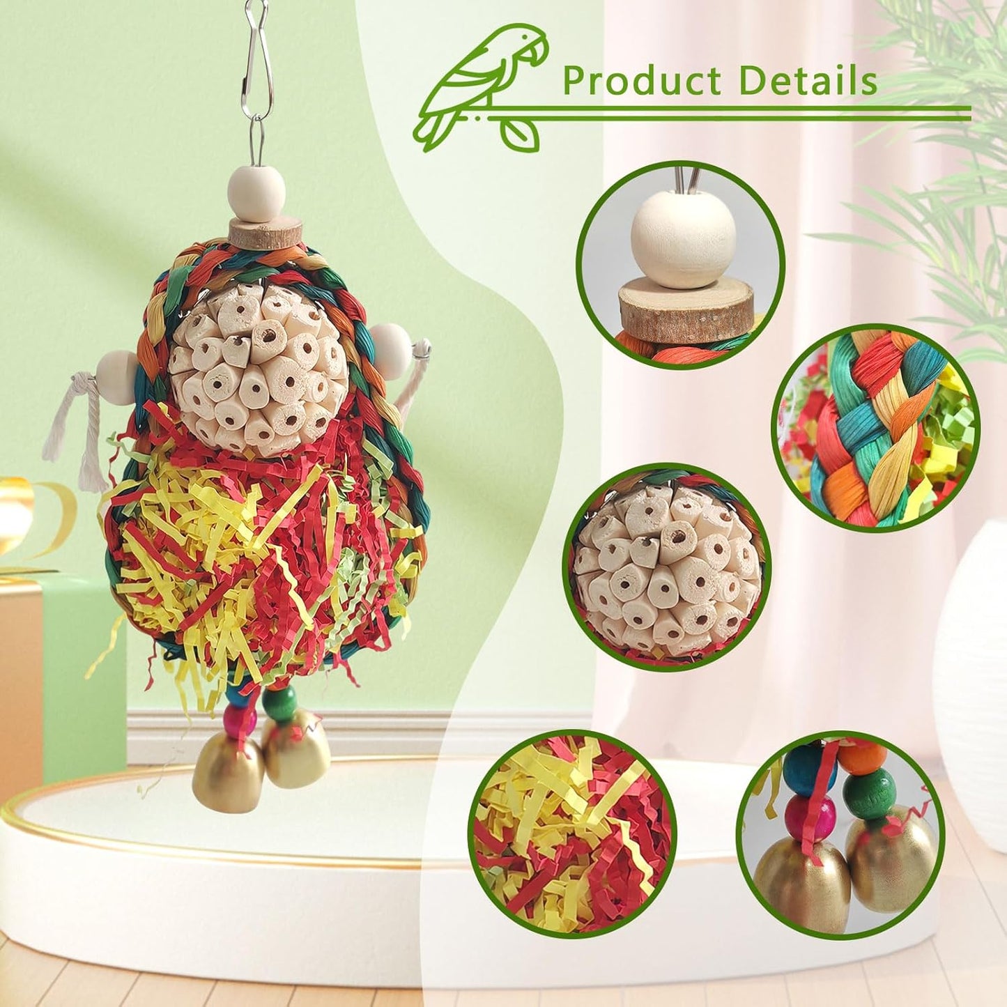 Parakeet Toys,Natural Sola Balls and Shredding Hanging Chewing Toy,2 PCS Small and Medium-Sized Parrot Toys, Bird Toys for Parrots,Cockatiels,Conures,Lovebird,Christmas Birds Toy