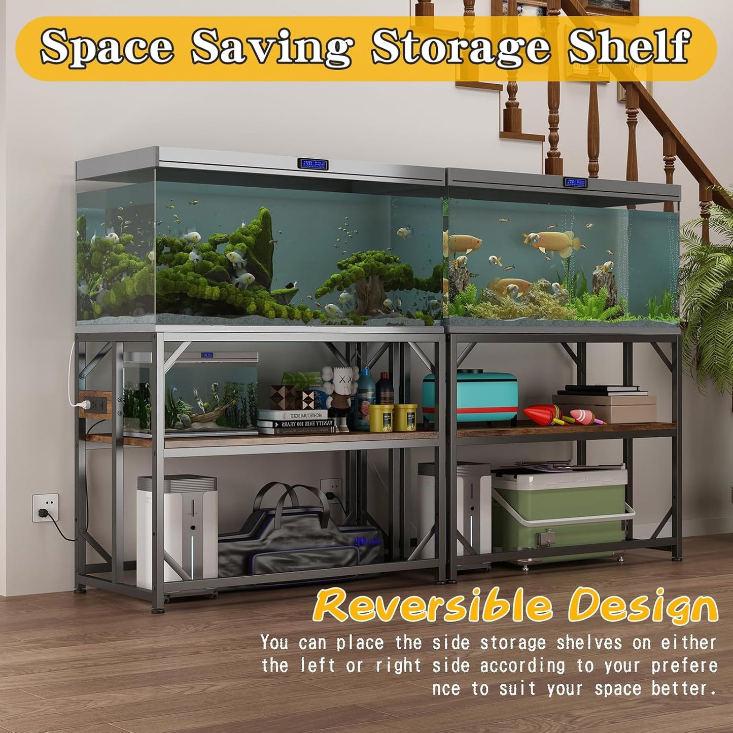 Sturdy Metal Aquarium Stand with Power Outlets, Adjustable Storage Cabinet - 660LBS Capacity, Rustic Brown - Suitable for 40 Gallon Fish Tank, Turtle Tank, Perfect Fish Tank Stand for Organization and Convenience