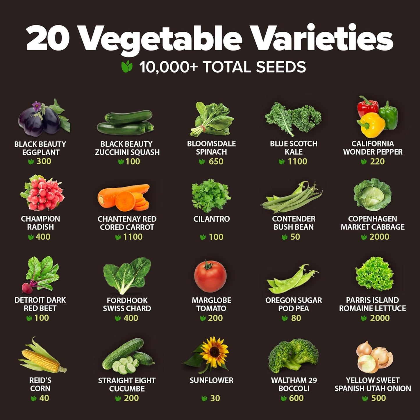 20 Heirloom Vegetable Seeds - 10,000+ Survival Seeds and Emergency Prepper Gear - Non GMO Vegetable Seeds for Planting Home Garden Variety Pack