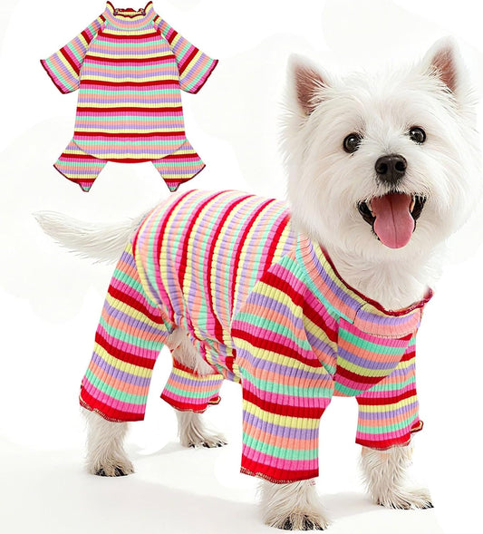 BAEJMJK Striped Dog Pajamas Stretchy Cute Four-Legged Boy Girl Dog Clothes with Sleeves Comfortable Dogs Jumpsuit Colorful Pet Puppy Outfits Apparel for Small Medium Dogs Cats(Red,X-Small)