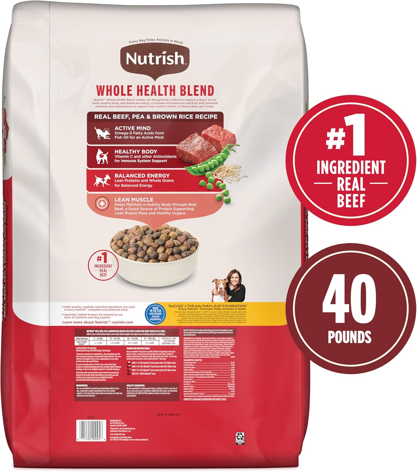Nutrish Dry Dog Food, Real Beef, Pea & Brown Rice Recipe Whole Health Blend for Adult Dogs, 40 lb. Bag, Packaging May Vary (Rachael Ray)