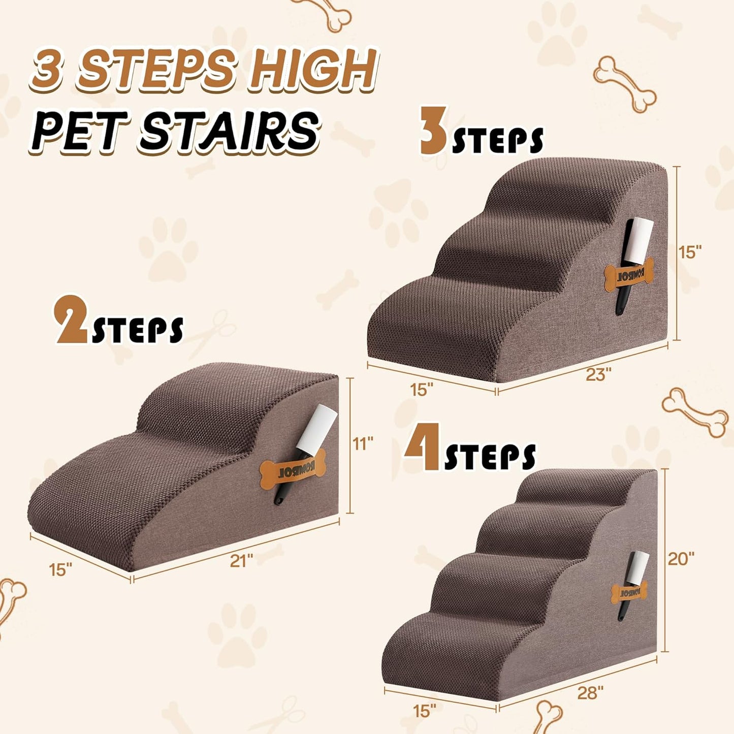 High Density Foam Dog Stairs Ramp for Beds Couches, Romrol Pet Steps with Durable Non-Slip Waterproof Fabric Cover, Dog Slope Stairs Friendly to Small Dogs and Cats or Pets Joints, 2-Tiers